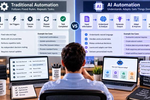 AI automation vs traditional automation comparing adaptive AI with rule-based workflows