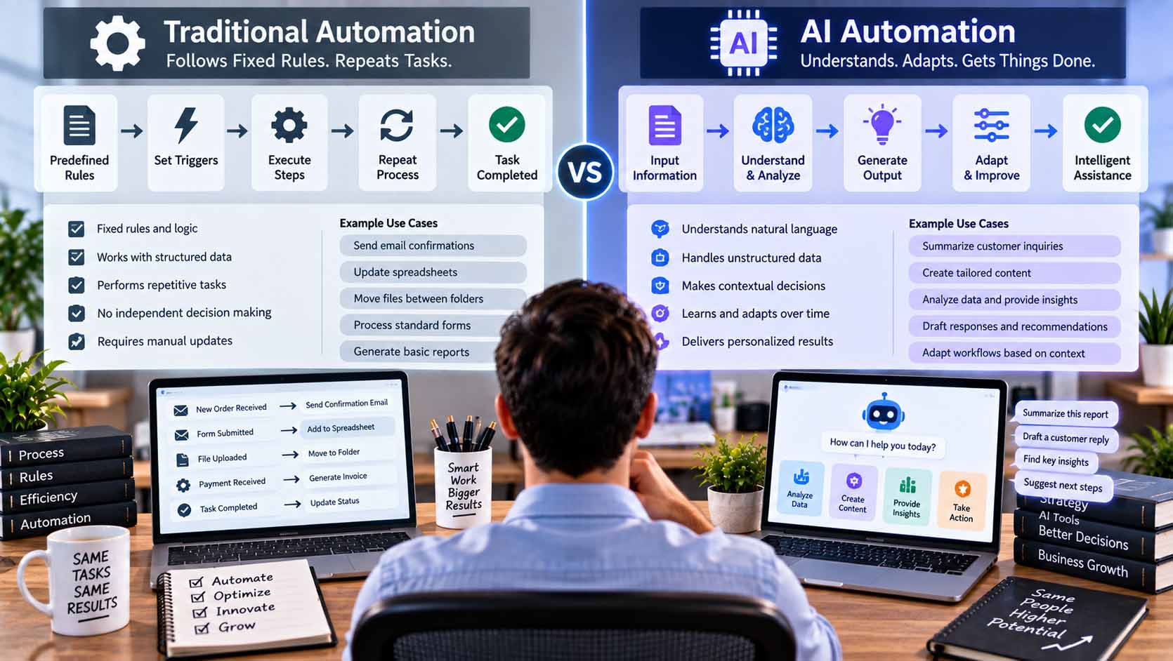 AI automation vs traditional automation comparing adaptive AI with rule-based workflows