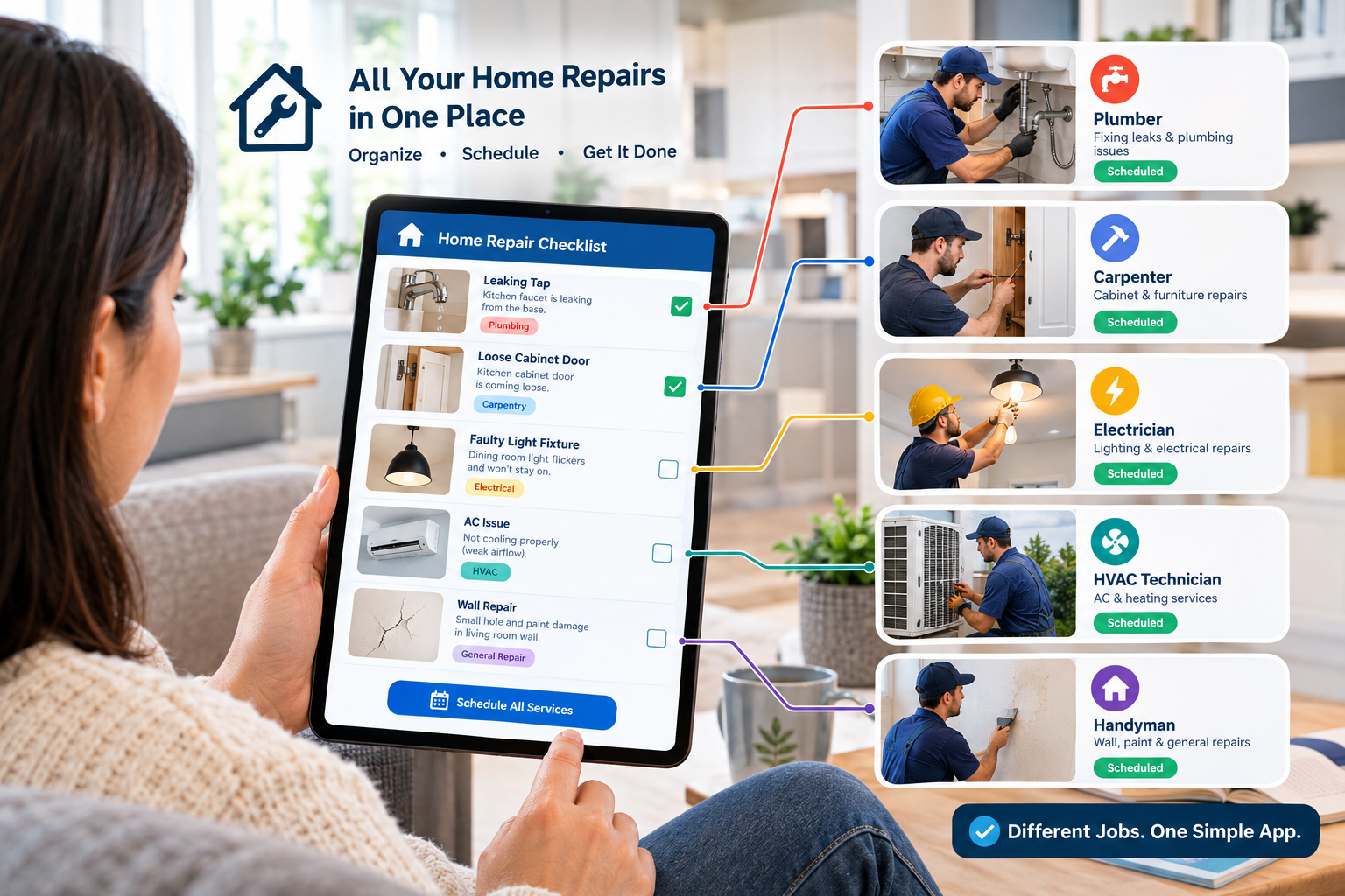 Homeowner using a checklist to organize multiple home repairs