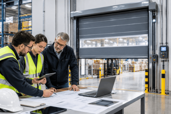 Industrial door manufacturer evaluation beside a high-speed industrial door