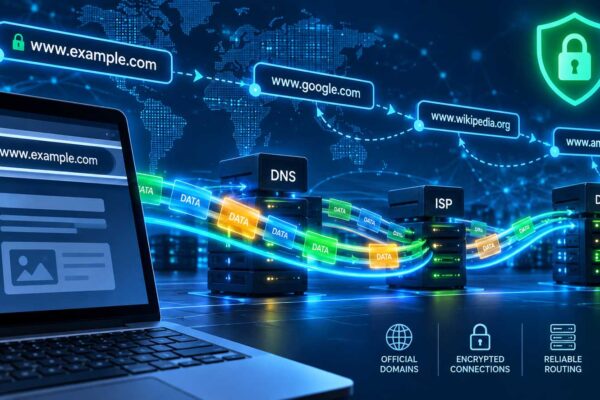 Digital network graphic showing data packets routing securely through official domain address paths
