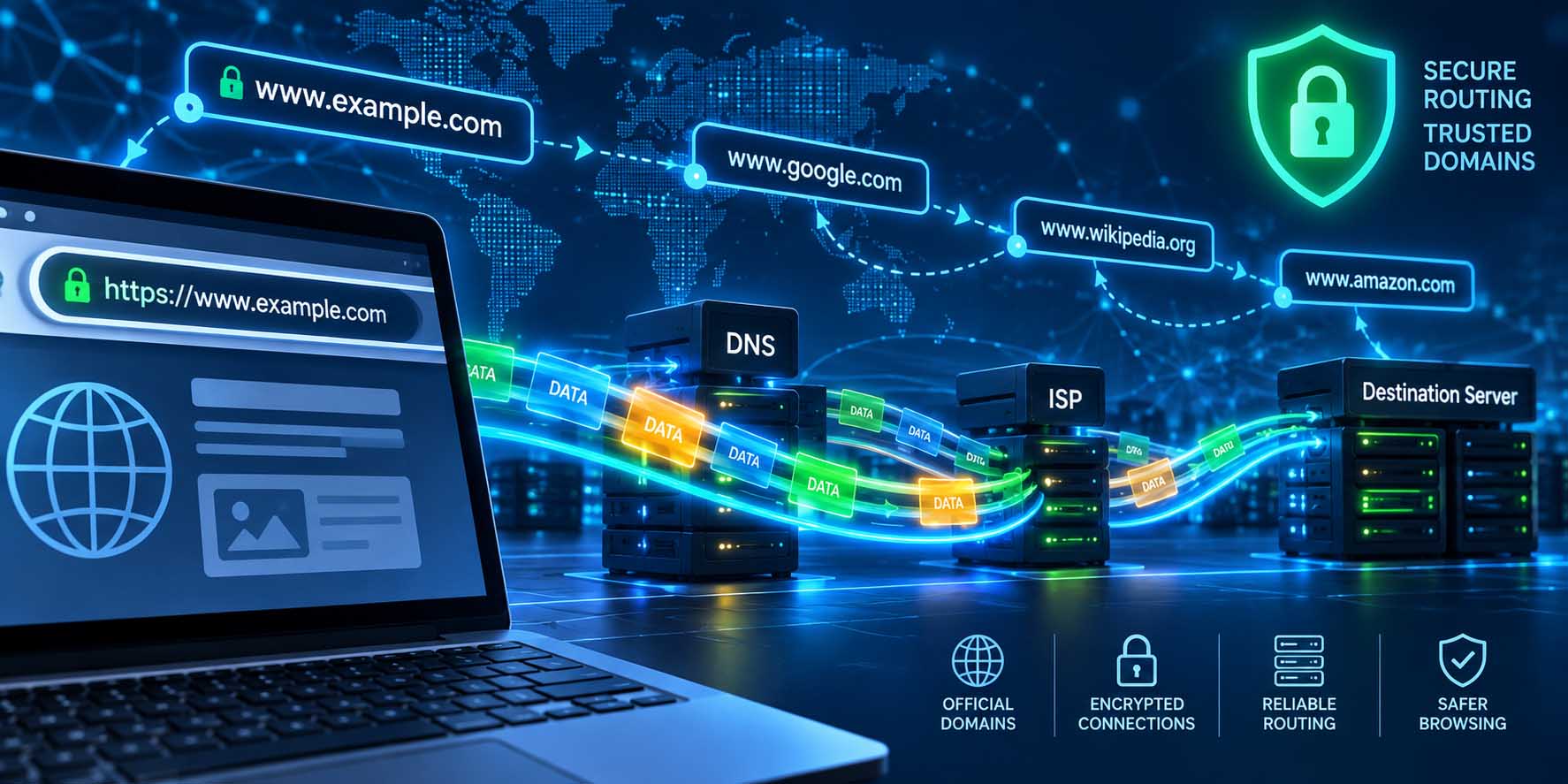 Digital network graphic showing data packets routing securely through official domain address paths