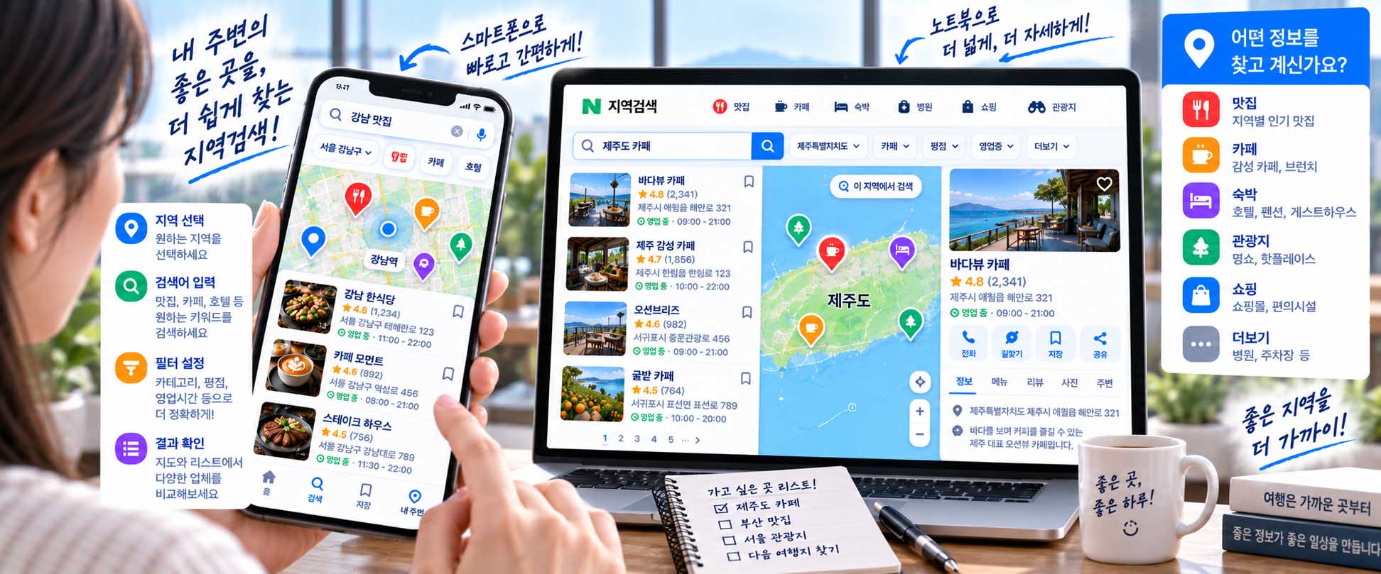사용자 중심 지역검색 플레이스에서 검색과 지도 및 상세정보를 탐색하는 화면