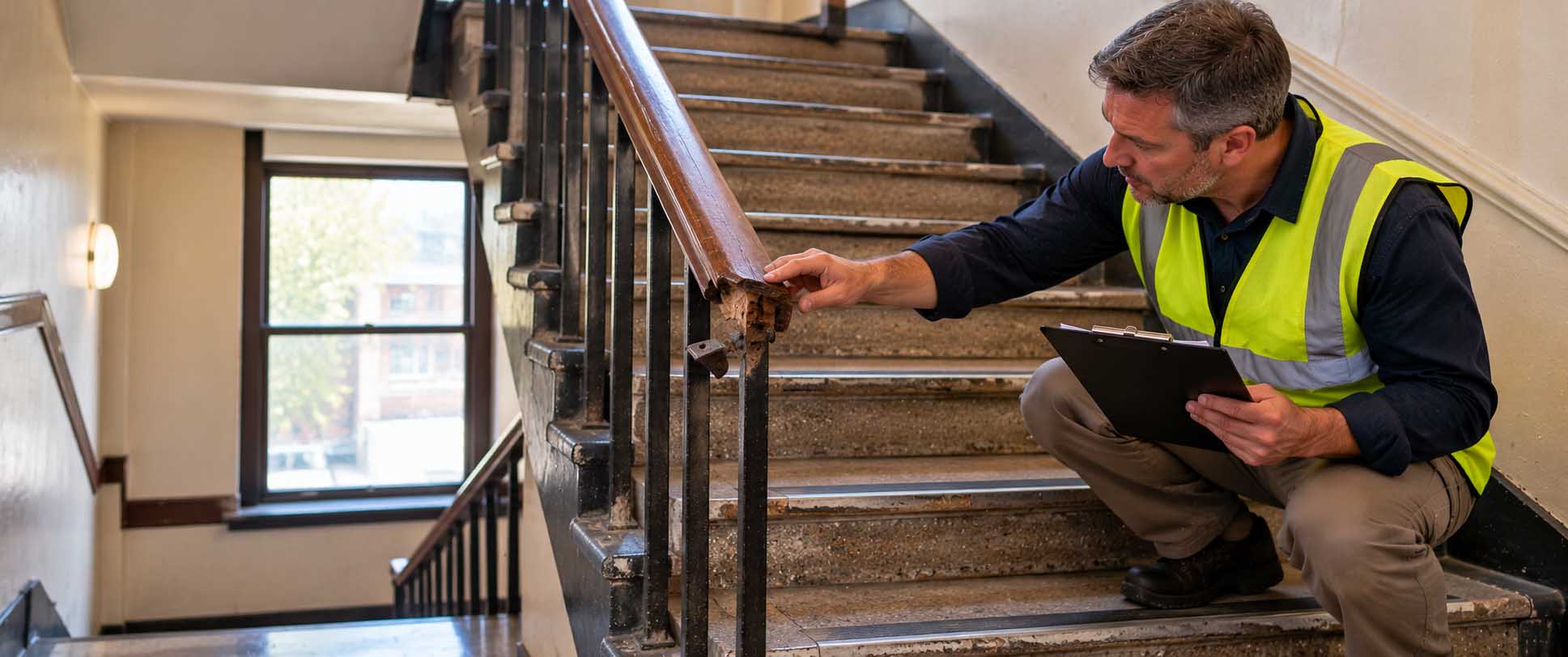 Maintenance professional inspecting damaged steps and a loose handrail that could cause injuries from unsafe stairways.